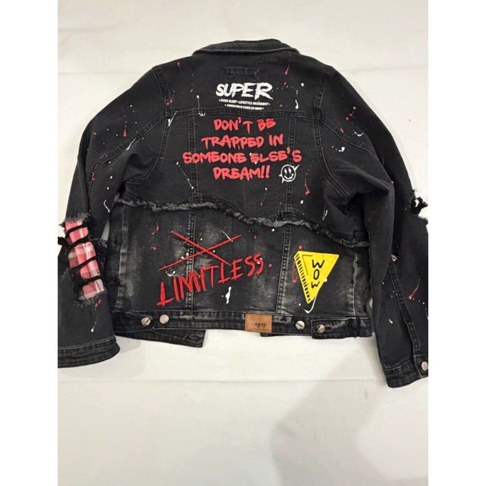 KLEEP Unisex Denim Jacket XS S Graffiti Patchwork Distressed Punk Streetwear